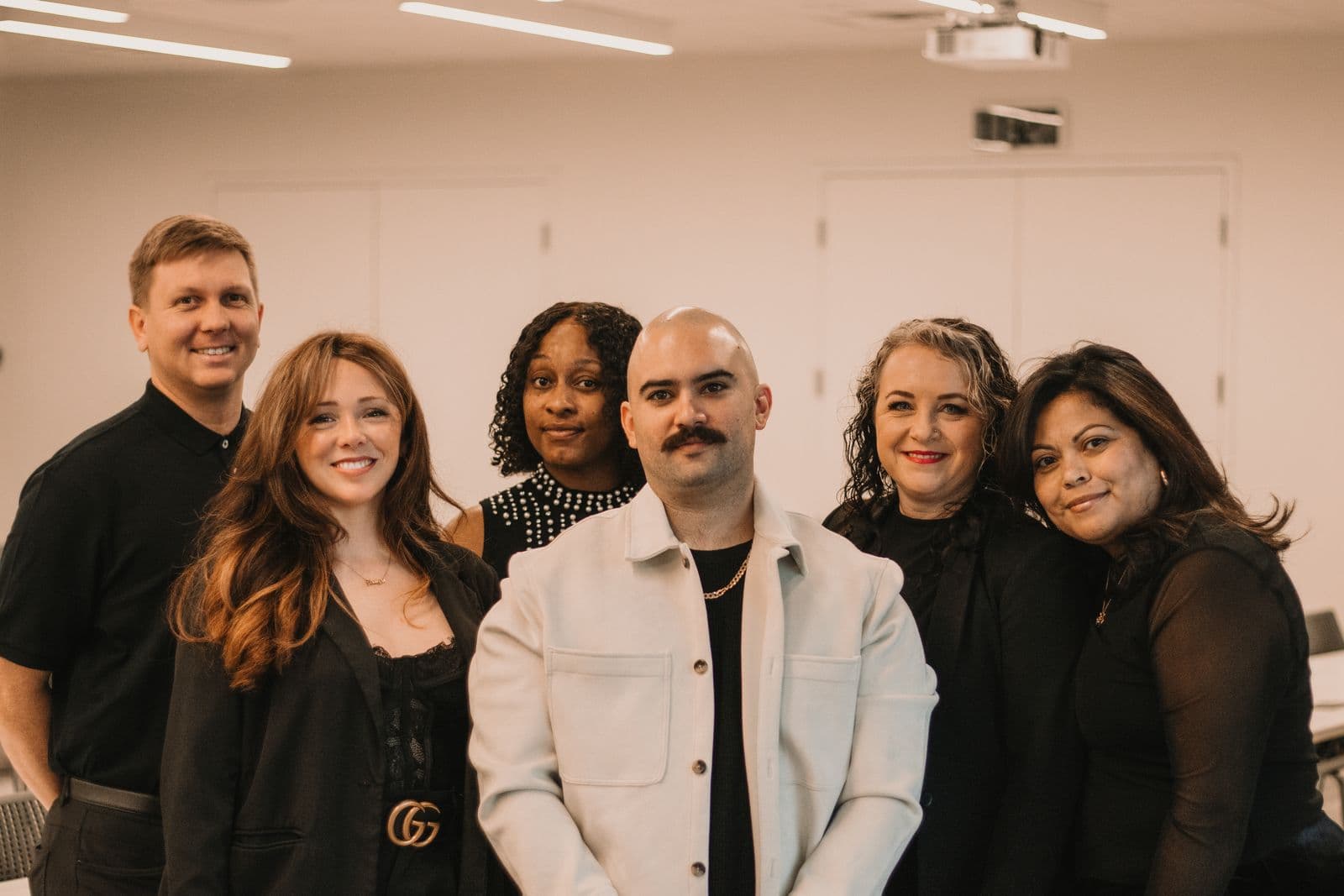 A diverse team of business professionals in an office